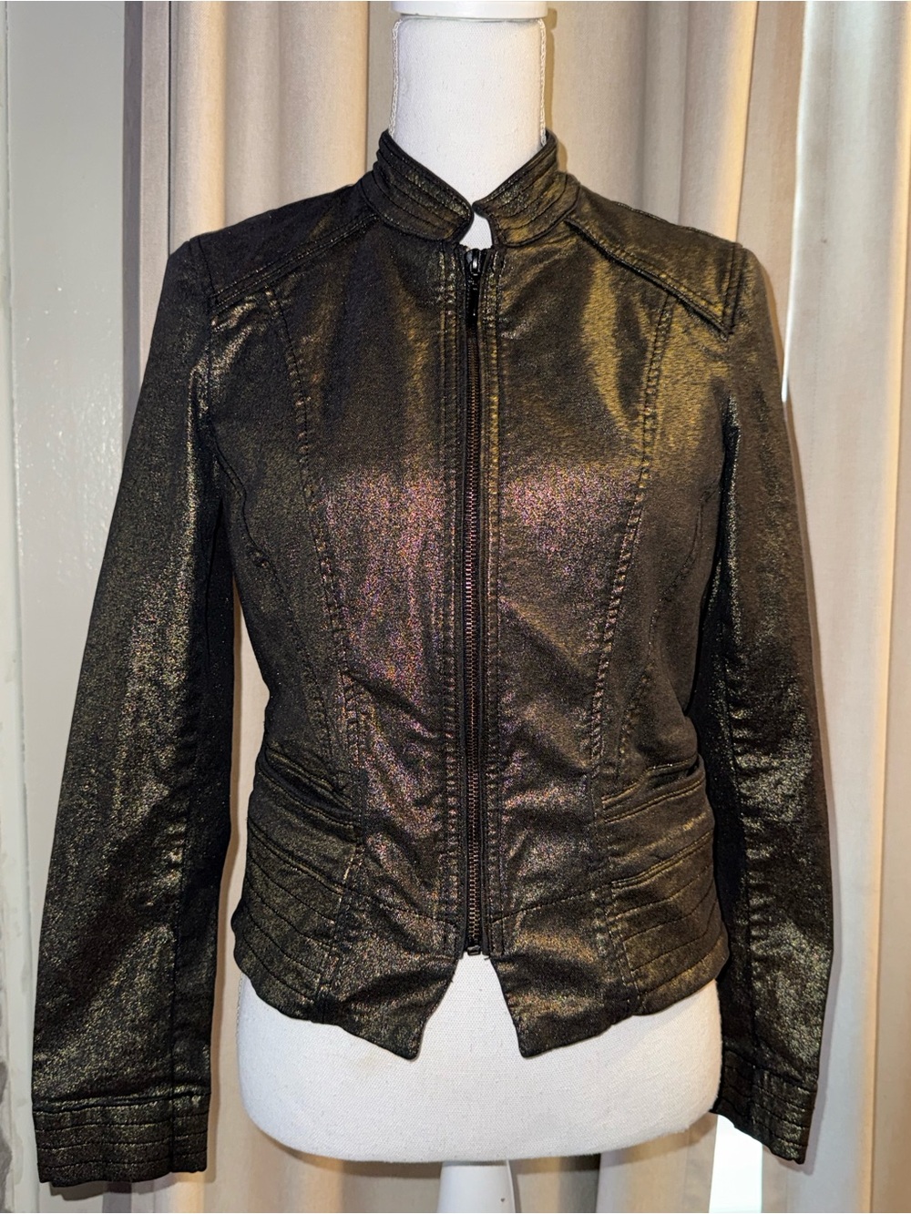 White House Black Market Metallic Black Zip-Front Blazer